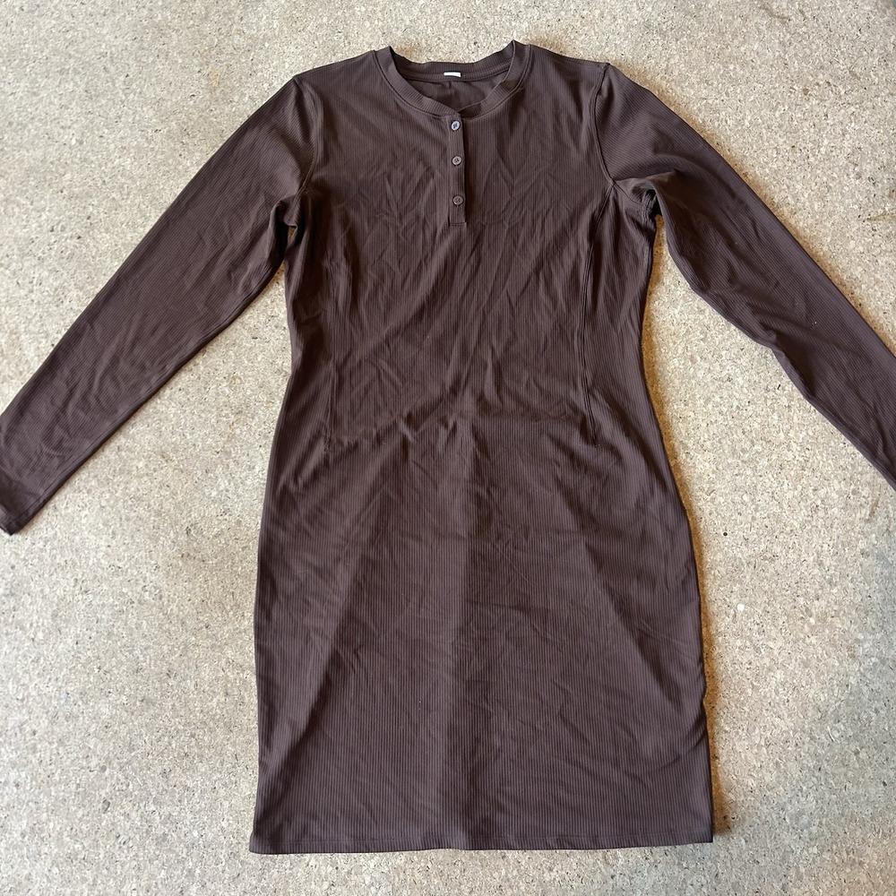 Lululemon All Aligned Ribbed Long-Sleeve Henley Dress, NWOT Espresso, Size 12